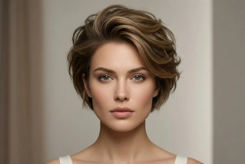 Kształt twarzy gwiazd. Jak dobrać fryzurę i dobrać okulary do twarzy? Triki na okrągły, owalny i inne typy! Ultra-realistyczny portret modowy kobiety posiadającej charakterystyczny trójkątny kształt twarzy z mocną żuchwą i węższym czołem, która prezentuje fryzurę z dużą objętością u góry, u nasady i w okolicach skroni, balansując proporcje.