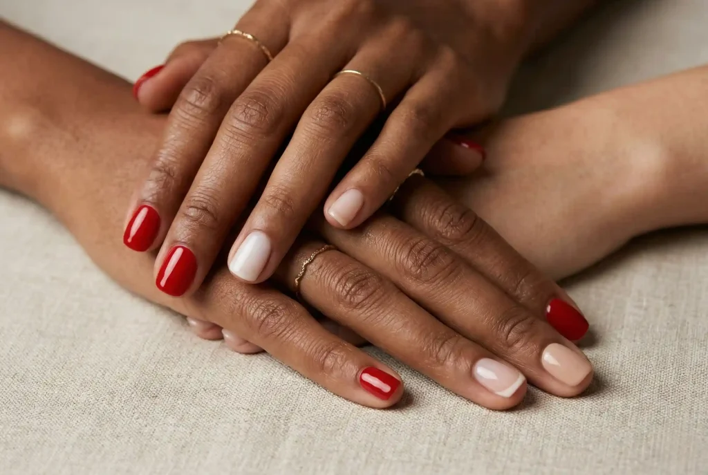 Najmodniejszy manicure na każdą okazję. Jak wybrać uniwersalne kolory paznokci i stylowy odcień, gdy chcesz, by kolor paznokci pasował do wszystkiego? Bliskie ujęcie eleganckich dłoni prezentujących uniwersalne kolory paznokci, takie jak klasyczna czerwień, subtelny nude, mleczna biel i delikatny micro-french.