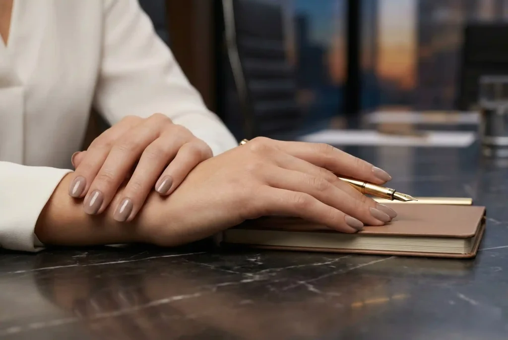 Najmodniejszy manicure na każdą okazję. Jak wybrać uniwersalne kolory paznokci i stylowy odcień, gdy chcesz, by kolor paznokci pasował do wszystkiego? Ultra-realistyczne zbliżenie na zadbane dłonie profesjonalistki z nienagannym, uniwersalnym lakierem hybrydowym w odcieniu nude, spoczywających na marmurowym biurku, komunikując uporządkowanie i czystą elegancję.