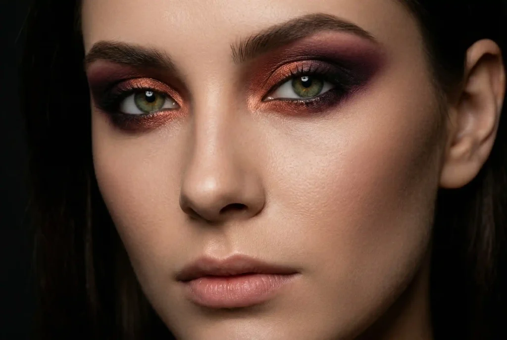 Jaki kolor cieni do powiek wybrać do zielonych oczu? Idealny makijaż krok po kroku Wyrazisty makijaż wieczorowy dla zielonych oczu, łączący głęboką śliwkę i magnetyzującą miedź, aby uzyskać efektowny kontrast.