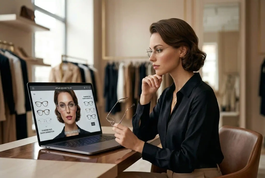 Poradnik: Jak dopasować okulary i dobrać okulary do twarzy diamentowej? Dobór okularów do kształtu twarzy i oprawek w różnych kształtach (poznaj rodzaje twarzy) Kobieta o twarzy diamentowej analizuje wyniki wirtualnej przymierzalni okularów online, testując różne fasony oprawek na ekranie laptopa w nowoczesnym, modnym wnętrzu.