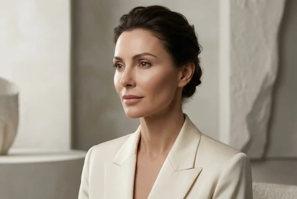 Czy kształt twarzy zmienia się z wiekiem lub po schudnięciu? Jak przywrócić owal i modelować rysy twarzy? Zdjęcie portretowe kobiety z wyraźnie zarysowanymi kośćmi policzkowymi i uniesionym owalem twarzy, ilustrujące natychmiastowe efekty wolumetrii twarzy i liftingu bez skalpela w profesjonalnej klinice medycyny estetycznej.