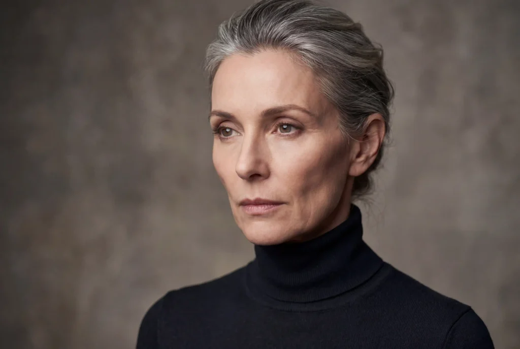 Czy kształt twarzy zmienia się z wiekiem lub po schudnięciu? Jak przywrócić owal i modelować rysy twarzy? Profesjonalny portret modowy dojrzałej kobiety z wyraźnie zarysowanymi kośćmi policzkowymi, ukazujący efekt zapadniętych skroni i policzków wynikający z drastycznej utraty podskórnej tkanki tłuszczowej po schudnięciu.