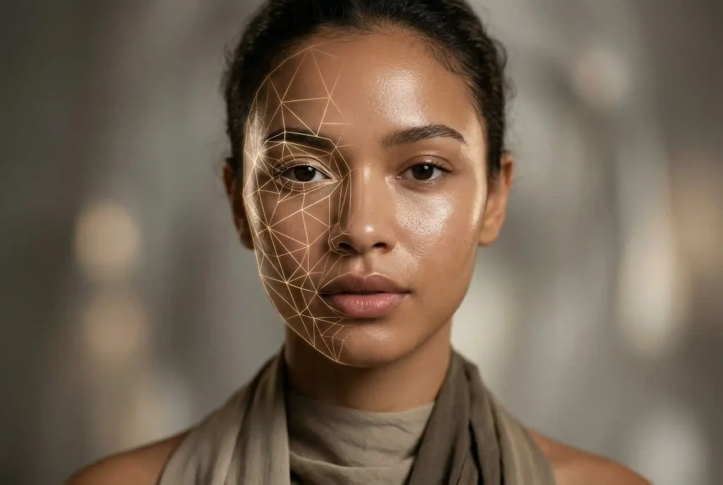 Idealne proporcje twarzy – co to jest złoty podział i czy istnieje naprawdę? Zbliżenie na twarz modelki z ultrarealistyczną teksturą skóry, gdzie promienna cera i 'glow efekt' są zestawione z półprzezroczystym, zlatującym wzorem geometrycznym złotego podziału, ilustrującym współczesną personalizację standardów piękna.