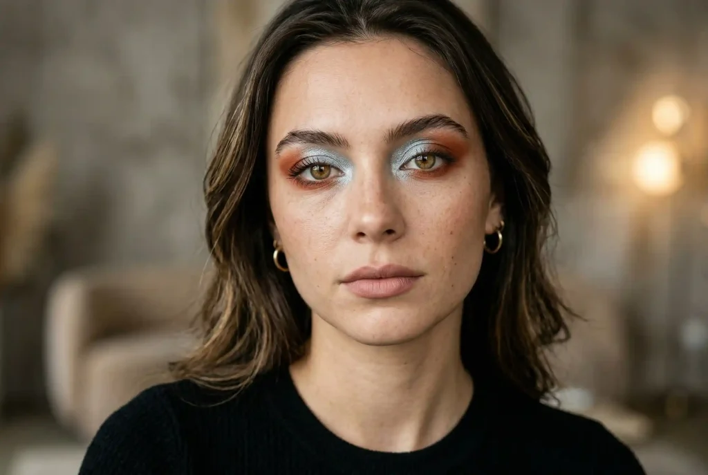 Jaki kolor cieni do powiek wybrać, by podkreślić piwne oczy? Najlepsze kolory cieni do koloru Twoich oczu Portret modelki z piwnymi oczami w makijażu w odcieniach lodowatego srebra i rdzawego pomarańczu, ilustrujący, jak paleta cieni do powiek dedykowana oczom niebieskim lub szarym przygasza ciepły odcień piwnych tęczówek.