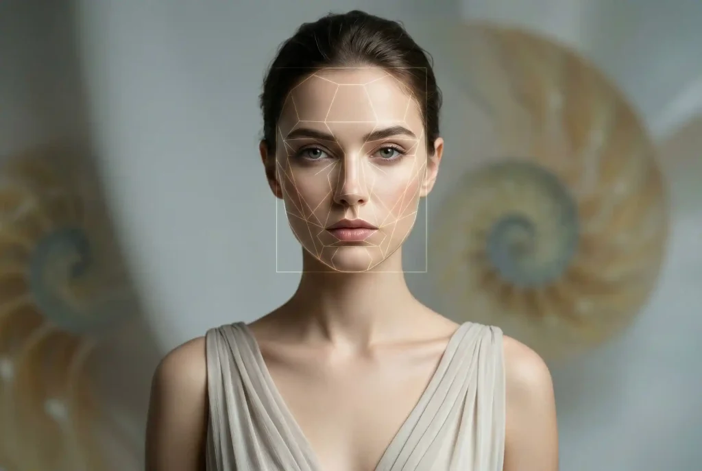 Idealne proporcje twarzy – co to jest złoty podział i czy istnieje naprawdę? Ultrarealistyczny portret modowy kobiety z subtelnie nałożoną siatką geometryczną, która w praktyce obrazuje złoty podział twarzy i klasyczne proporcje.