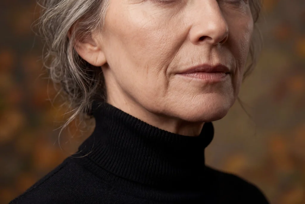 Czy kształt twarzy zmienia się z wiekiem lub po schudnięciu? Jak przywrócić owal i modelować rysy twarzy? Fotograficzny portret dojrzałej kobiety, ukazujący naturalne zmiany owalu twarzy, widoczne bruzdy nosowo-wargowe oraz utratę jędrności skóry związane z procesem starzenia.