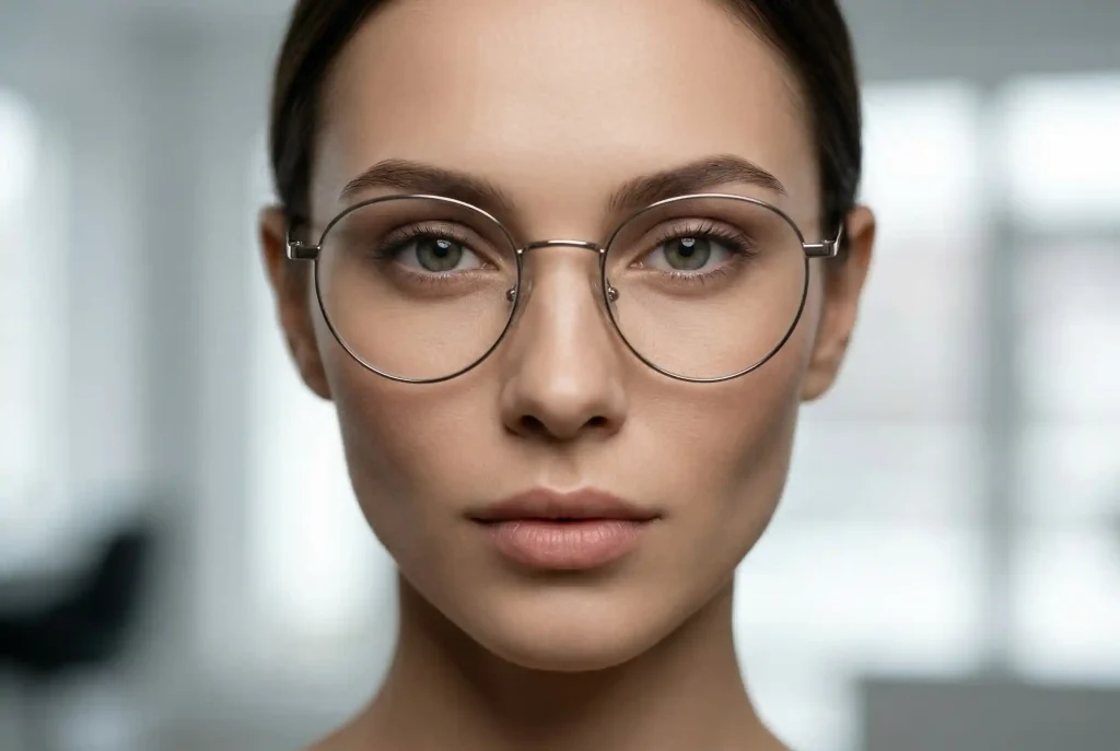 Jak dobrać okulary do trójkątnej twarzy? Trójkątny kształt i idealnie dobrane okulary Frontalny portret kobiety z wyraźnymi rysami twarzy, noszącej eleganckie, duże, okrągłe okulary w cienkiej srebrnej metalowej oprawce.