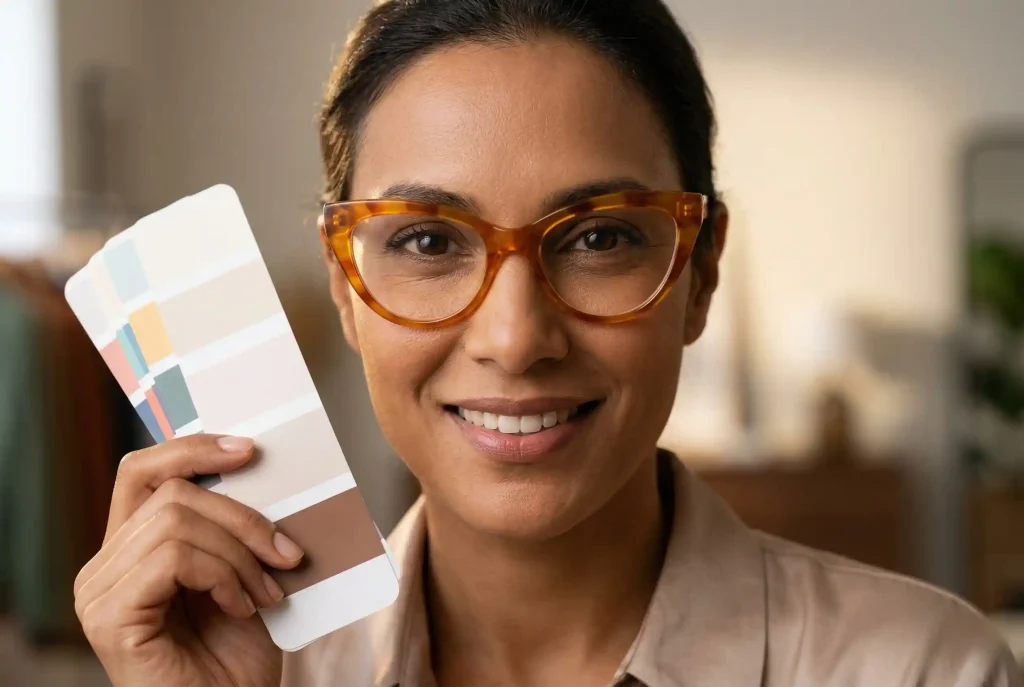 Okulary kocie oczy – komu pasują, dla kogo są i do jakiej twarzy pasują oprawki w okularach cat eye? Zbliżenie na twarz kobiety w luksusowych okularach typu kocie oko, dopasowanych na podstawie analizy kolorystycznej, trzymającej minimalistyczną paletę barw w profesjonalnym studio stylizacji.