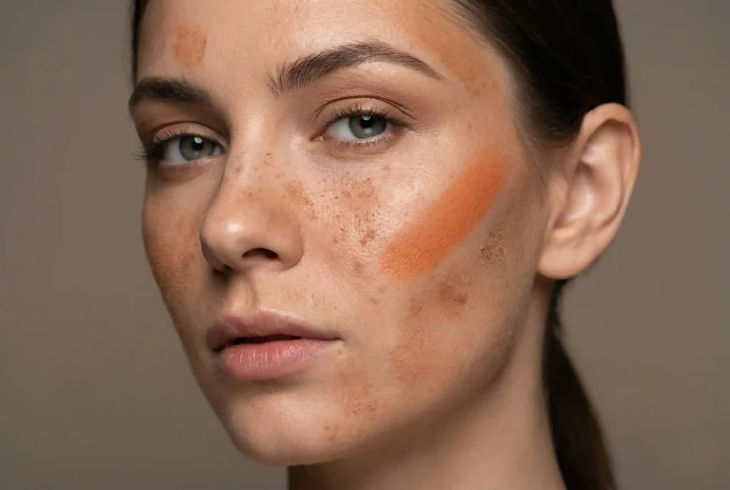 Jak wybrać odpowiedni odcień bronzera do twarzy? Dobrany bronzer pozwala konturować twarz i nakładać idealny kolor bronzera Ultra-realistyczne zbliżenie na twarz modelki w stylu editorial, pokazujące nieestetyczne plamy, smugi i zbyt pomarańczowy, brudny odcień kosmetyku na policzku, ilustrujące najczęstsze błędy przy aplikacji bronzera opisane w artykule.