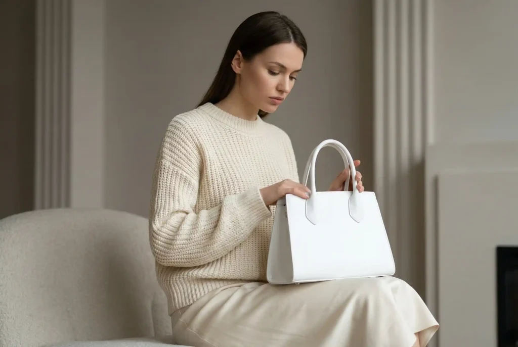 Jaki kolor pasuje do kremowego? Elegancja, stylizacja ubrań, dodatki – z czym łączyć ten kolor Bliski portret modelki w kremowej stylizacji o zróżnicowanych fakturach, która pokazuje modowy błąd łączenia kremu ze śnieżnobiałą torebką.