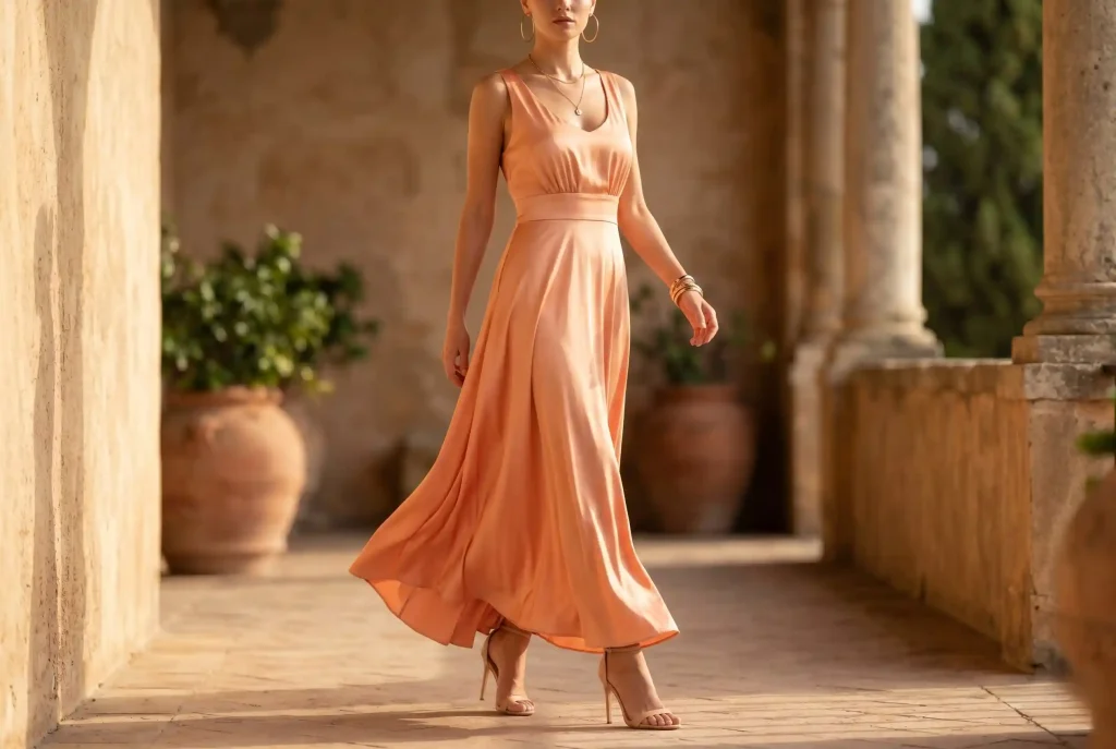 Jaki kolor pasuje do brzoskwiniowego ubrania? Z czym łączyć kolor brzoskwiniowy – najmodniejszy trend peach i stylizacja marzeń Modelka prezentuje elegancką stylizację z brzoskwiniową sukienką maxi o satynowym wykończeniu, uzupełnioną złotą biżuterią i butami w odcieniu nude na słonecznym tarasie.