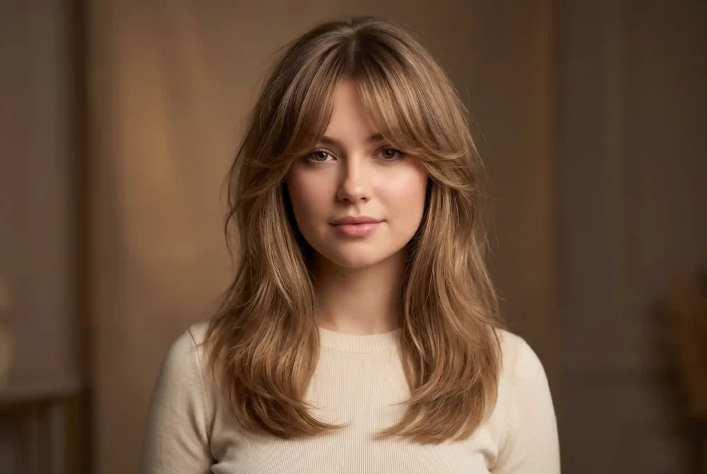 Grzywka curtain bangs – komu pasuje, jak ciąć i układać ten kształt, by optycznie modelować rysy twarzy? Zbliżenie na twarz modelki w profesjonalnej fryzurze z długą grzywką curtain bangs, która okala twarz i sięga do żuchwy, subtelnie modelując jej kształt.