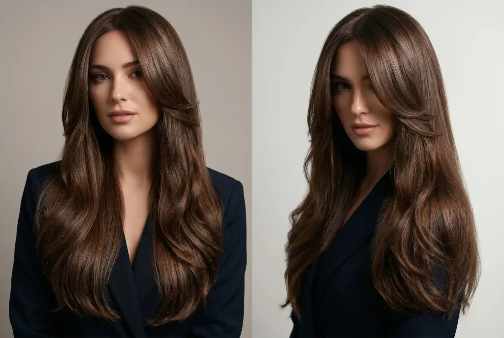 Jaka fryzura do okrągłej twarzy najlepiej wyszczupla rysy i ułatwia cięcie? Portret modelki w stylu fashion editorial prezentujący długie, lśniące włosy z technicznym, cieniowanym cięciem zaczynającym się poniżej żuchwy, które tworzy pionowe linie wyszczuplające twarz i sylwetkę.