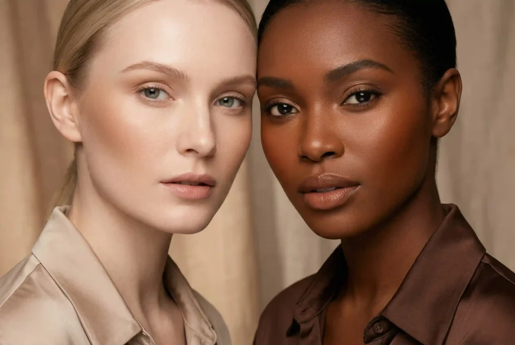 Jak wybrać odpowiedni odcień bronzera do twarzy? Dobrany bronzer pozwala konturować twarz i nakładać idealny kolor bronzera Ultra-realistyczne zdjęcie modowe pokazujące dwie kobiety; po lewej modelka o jasnej cerze z delikatnym bronzerem w odcieniu kawy z mlekiem, po prawej modelka o ciemnej karnacji z nasyconym terakotowym brązem, ilustrujące prawidłowy dobór bronzera do koloru skóry.