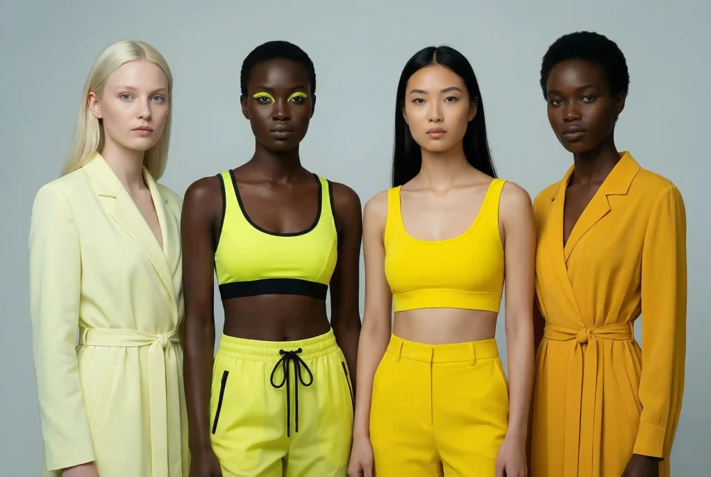 Jaki kolor pasuje do cytrynowego? Jak nosić i z czym go łączyć w modzie: energetyczny kolor cytrynowy z innymi kolorami – idealna stylizacja i odcień Cztery modelki o różnych typach urody prezentują dopasowane odcienie cytrynowego: lodowaty, neonowy, słoneczny i miodowy.