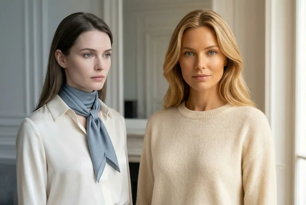 Jaki kolor pasuje do kremowego? Elegancja, stylizacja ubrań, dodatki – z czym łączyć ten kolor Zdjęcie portretowe dwóch modelek ilustrujące, jak różne odcienie koloru kremowego pasują do typów urody Wiosna i Lato, pokazując kontrast między ciepłą a chłodną tonacją.