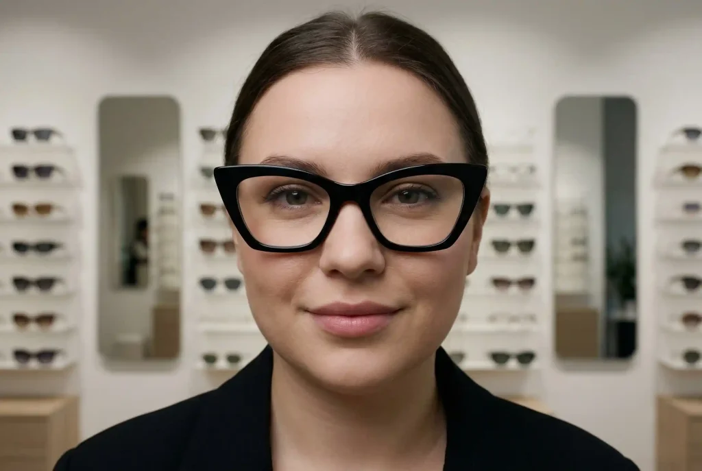 Okulary kocie oczy – komu pasują, dla kogo są i do jakiej twarzy pasują oprawki w okularach cat eye? Bliski portret kobiety o okrągłej twarzy w kanciastych okularach przeciwsłonecznych typu kocie oczy, ilustrujący jak dobrać oprawki pasujące do danego kształtu twarzy.