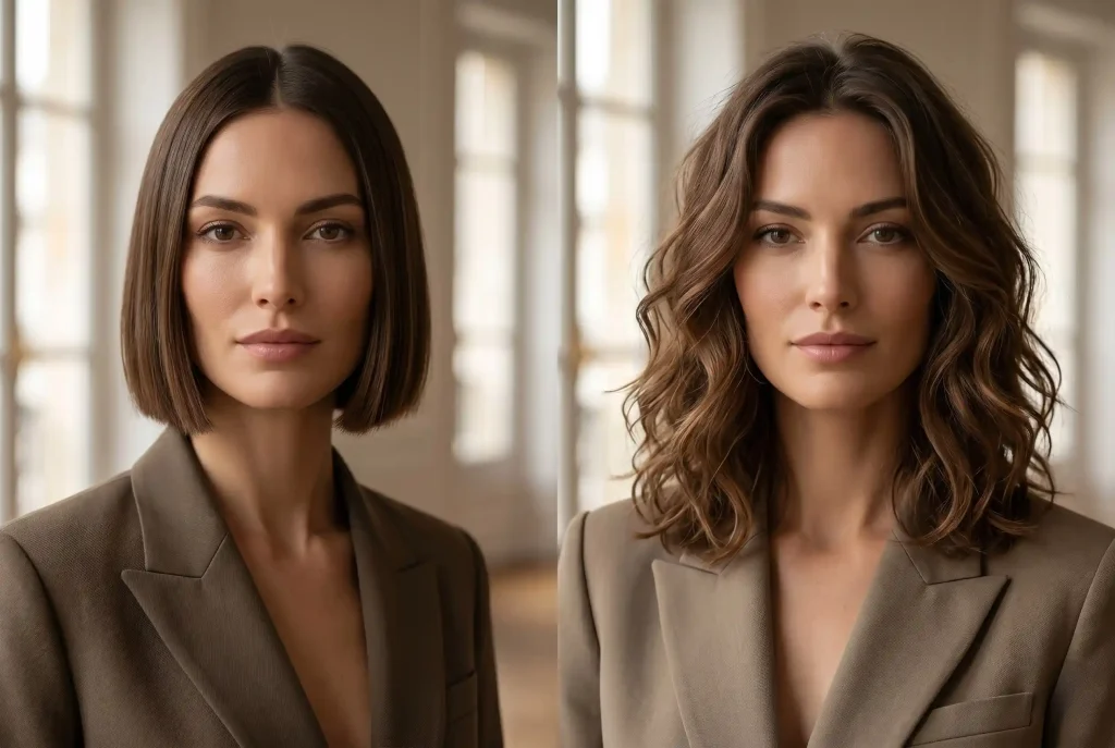 Idealna fryzura do pociągłej twarzy: Jak modne fryzury dla pociągłej twarzy optycznie skracają podłużny kształt i wyrównują proporcje Profesjonalne porównanie dwóch wariantów fryzury dla pociągłej twarzy: klasyczny bob kończący się na linii żuchwy oraz pofalowany long bob do ramion, które optycznie skracają i balansują proporcje twarzy.