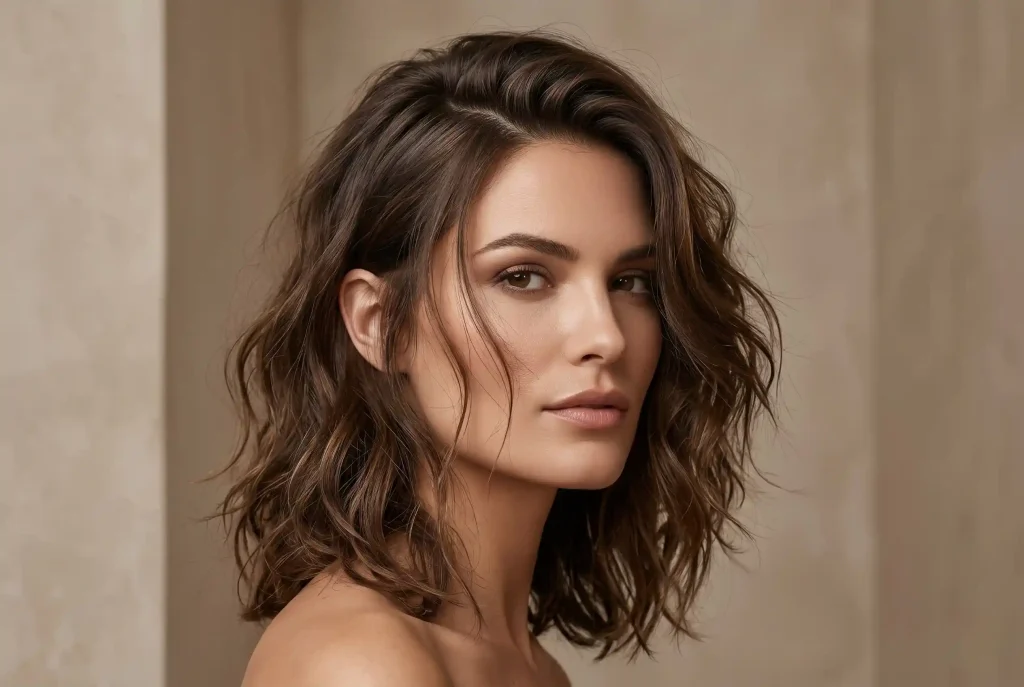 Jaka fryzura do kwadratowej twarzy? Najlepsze fryzury damskie do kwadratowej twarzy Bliska fotografia modowa kobiety o kwadratowej twarzy, prezentująca asymetryczną fryzurę z miękkimi falami i objętością u nasady, która optycznie zmiękcza rysy szczęki.