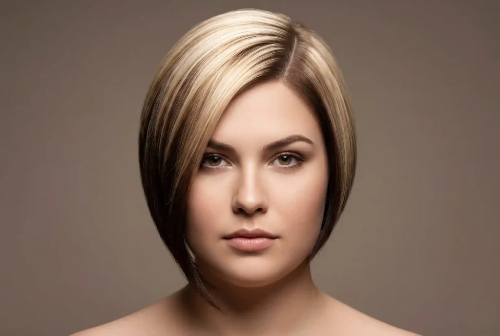 Jaka fryzura do okrągłej twarzy najlepiej wyszczupla rysy i ułatwia cięcie? Zdjęcie przedstawia kobietę o okrągłej twarzy w modnej, asymetrycznej fryzurze z głębokim przedziałkiem na bok i koloryzacją hair contouring.