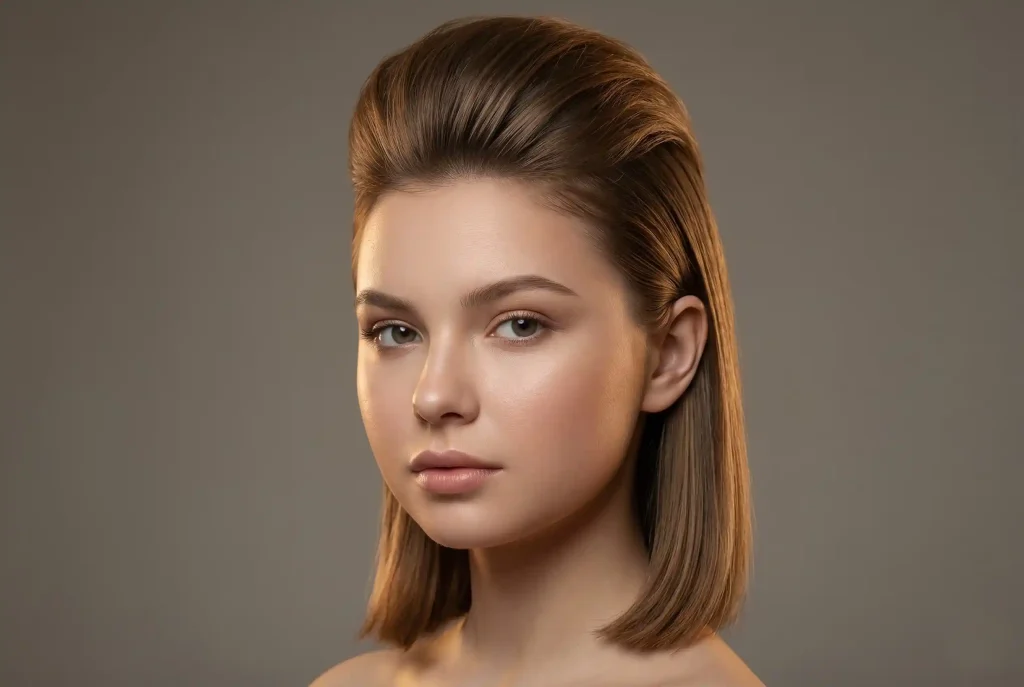 Jaka fryzura do okrągłej twarzy najlepiej wyszczupla rysy i ułatwia cięcie? Ultrarealistyczne zdjęcie portretowe kobiety o okrągłej twarzy, prezentujące fryzurę o dużej objętości na czubku głowy i gładkich pasmach po bokach, co zapewnia optyczne wyszczuplenie rysów.