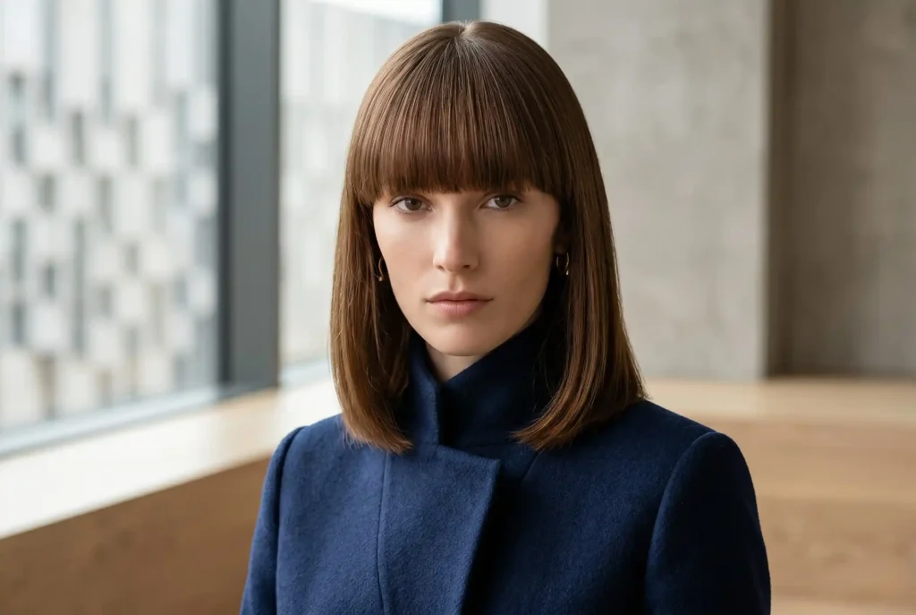 Komu pasuje grzywka? Dobierz grzywkę do kształtu twarzy – poradnik: fryzura z grzywką i cięcia dopasowane do kształtu twarzy Modelka z pociągłą twarzą i wysokim czołem prezentuje gęstą grzywkę prostą, która optycznie skraca jej buzię.