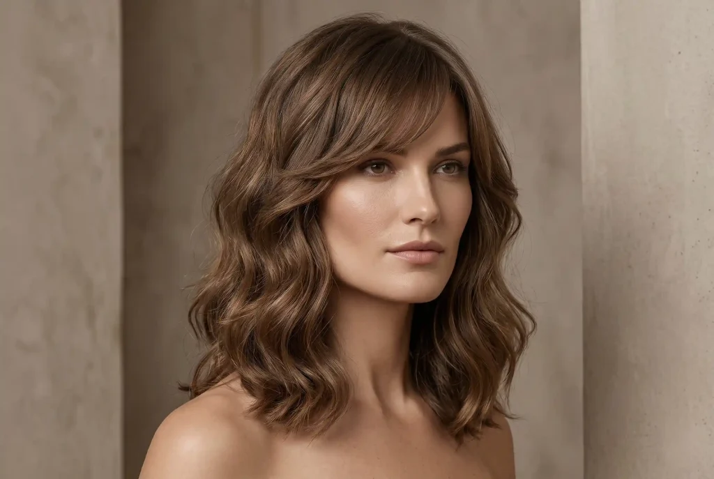 Jaka fryzura do kwadratowej twarzy? Najlepsze fryzury damskie do kwadratowej twarzy Bliski portret modowy kobiety o kwadratowym kształcie twarzy z wyraźnie zarysowaną żuchwą, ułożonej w fryzurę z miękkimi falami, która optycznie wysmukla i balansuje ostre rysy.