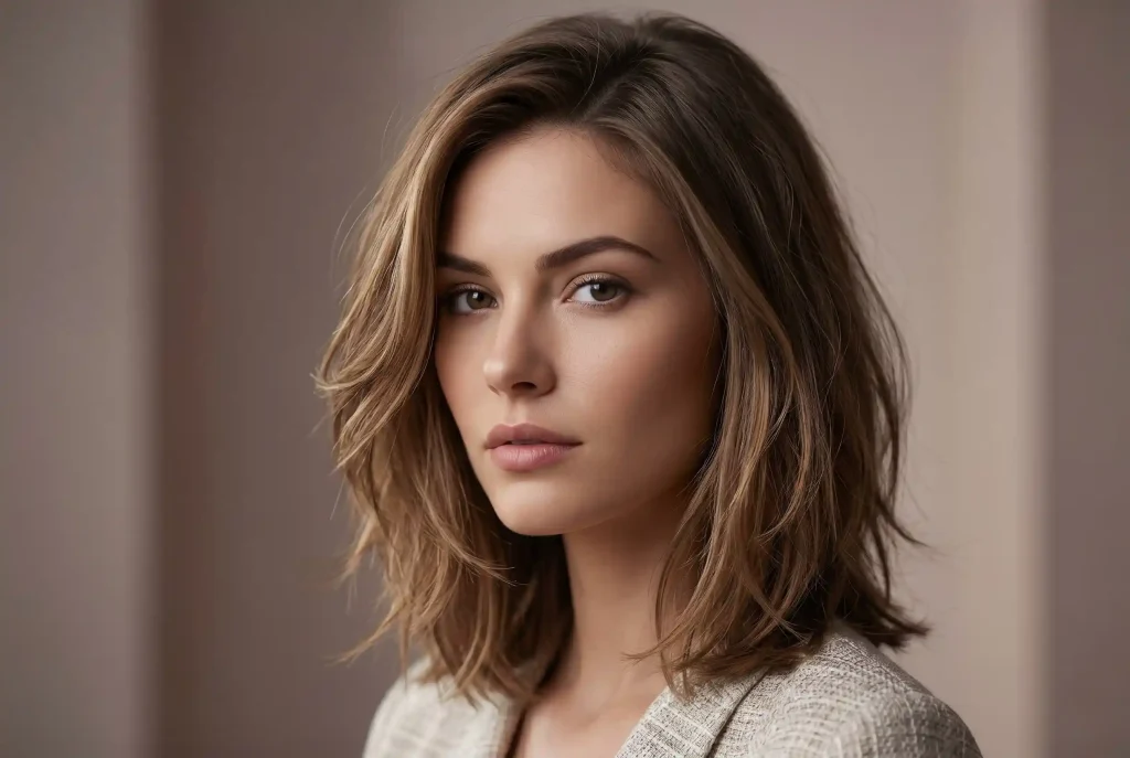 Idealna fryzura: Jak dobrać fryzurę do kształtu twarzy, gdy interesuje cię twarz w kształcie serca? Modelka z twarzą w kształcie serca prezentuje modną fryzurę typu lob, która dodaje objętości w dolnej części twarzy, równoważąc proporcje.