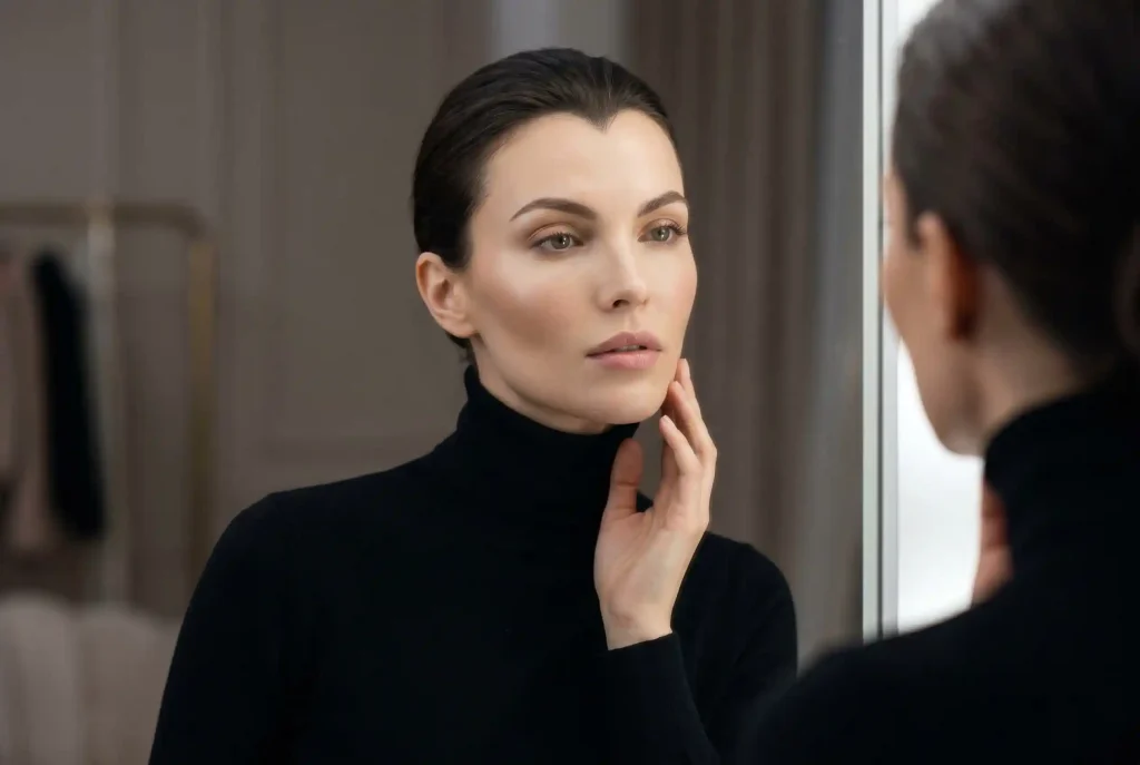 Idealna fryzura: Jak dobrać fryzurę do kształtu twarzy, gdy interesuje cię twarz w kształcie serca? Elegancka kobieta wykonuje w lustrze analizę rysów twarzy w kształcie serca, zwracając uwagę na szerokie czoło i spiczastą brodę przed doborem odpowiedniej fryzury.