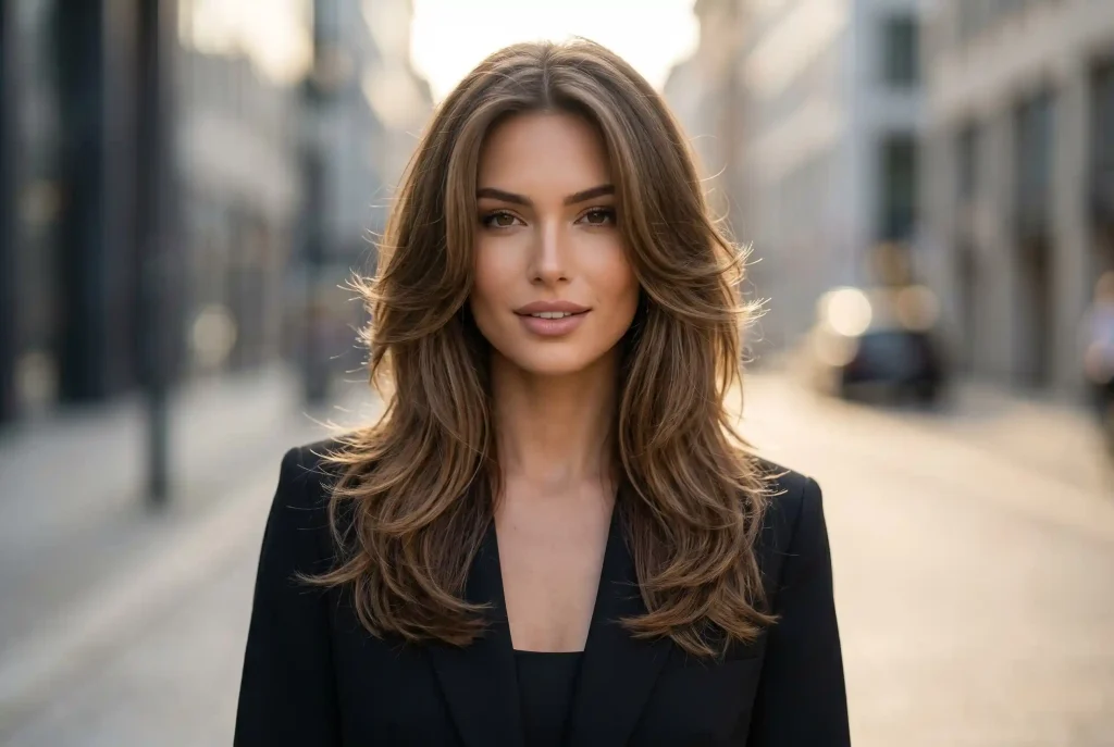 Idealna fryzura do pociągłej twarzy: Jak modne fryzury dla pociągłej twarzy optycznie skracają podłużny kształt i wyrównują proporcje Portret kobiety o pociągłej twarzy, u której profesjonalne, wielowymiarowe fryzury warstwowe na długich włosach tworzą dynamiczną objętość wokół policzków i żuchwy, optycznie poszerzając strukturę fryzury.