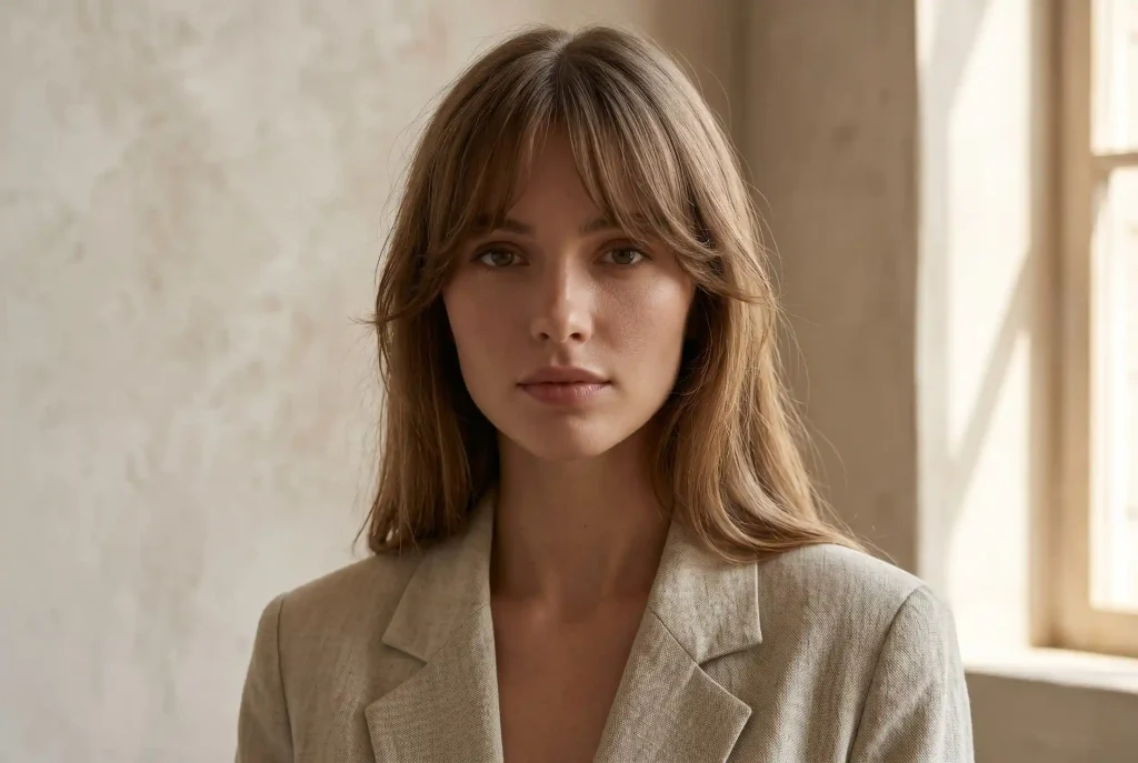 Idealna fryzura: Jak dobrać fryzurę do kształtu twarzy, gdy interesuje cię twarz w kształcie serca? Zbiżenie na modelkę o twarzy w kształcie serca, która prezentuje idealnie dobraną fryzurę z miękką grzywką typu curtain bangs, okalającą skronie i optycznie zwężającą czoło.