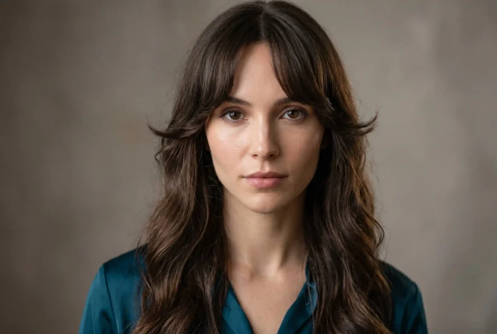 Grzywka curtain bangs – komu pasuje, jak ciąć i układać ten kształt, by optycznie modelować rysy twarzy? Zbliżenie na twarz modelki o kształcie serca, prezentującej harmonijne cięcie grzywki curtain bangs w stylu półksiężyca, które wywija się przy kościach policzkowych.