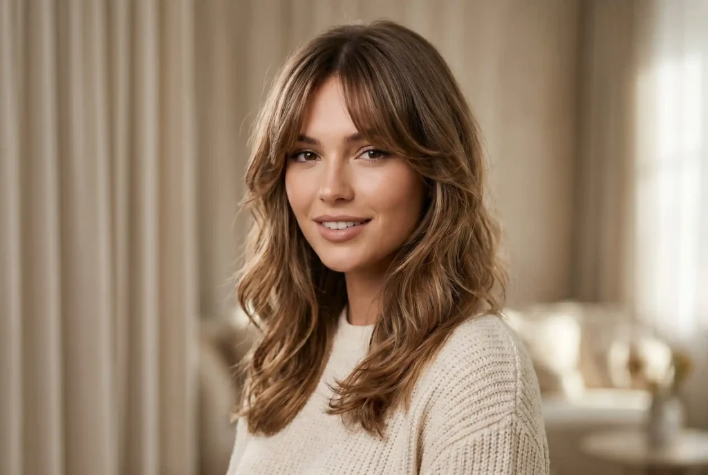 Grzywka curtain bangs – komu pasuje, jak ciąć i układać ten kształt, by optycznie modelować rysy twarzy? Portret modowy kobiety prezentującej perfekcyjnie ułożoną grzywkę curtain bangs, która płynnie łączy się z resztą fryzury, uniwersalnie dopasowując się do owalu jej twarzy.