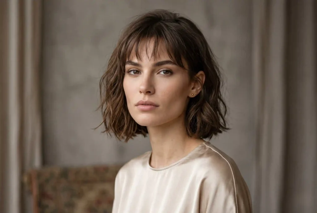 Komu pasuje grzywka? Dobierz grzywkę do kształtu twarzy – poradnik: fryzura z grzywką i cięcia dopasowane do kształtu twarzy Portret modowy kobiety o kwadratowej twarzy z mocno zarysowaną żuchwą, ułożonej w fryzurę typu bob z lekką, postrzępioną grzywką, która skutecznie łagodzi i zmiękcza jej ostre rysy.