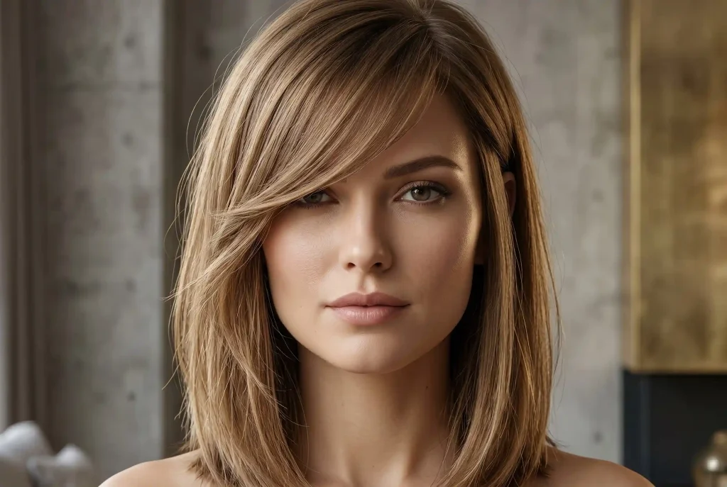 Komu pasuje grzywka? Dobierz grzywkę do kształtu twarzy – poradnik: fryzura z grzywką i cięcia dopasowane do kształtu twarzy Portret modelki z okrągłą twarzą i elegancką grzywką na bok, która optycznie wyszczupla jej buzię i wydłuża proporcje.