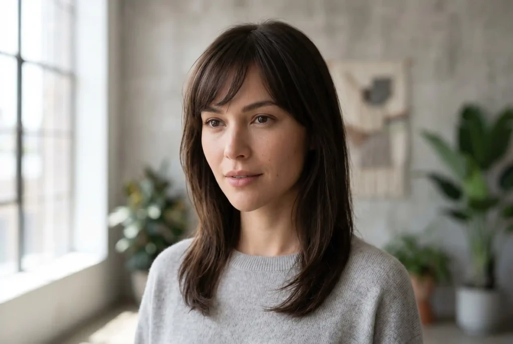 Komu pasuje grzywka? Dobierz grzywkę do kształtu twarzy – poradnik: fryzura z grzywką i cięcia dopasowane do kształtu twarzy Ultra-realistyczny portret modelki o twarzy w kształcie trójkąta (serca), której szerokie czoło przykrywają z boku wispy bangs, równoważąc proporcje i nadając twarzy subtelnego uroku.