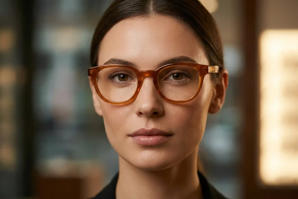 Okulary do owalnej twarzy damskie: Jak dobrać kształt oprawek, by podkreślić rysy i owalny kształt twarzy? Zbliżenie na twarz kobiety o idealnych proporcjach owalnych, prezentującej stylowe okulary, których oprawki są równe szerokości jej kości policzkowych.