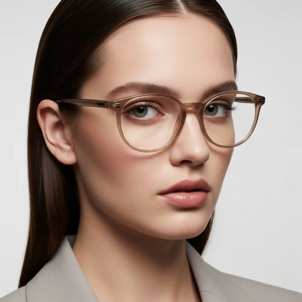 Dobór okularów do kształtu twarzy: Jak dobrać okulary oversize i idealne oprawki do twojej twarzy? Wysokiej jakości portret modnej kobiety o wyraźnie zarysowanej linii żuchwy w łagodnych, okrągłych oprawkach, co doskonale ilustruje złotą zasadę kontrastu i podpowiada, jak dobrać okulary do kształtu twarzy.