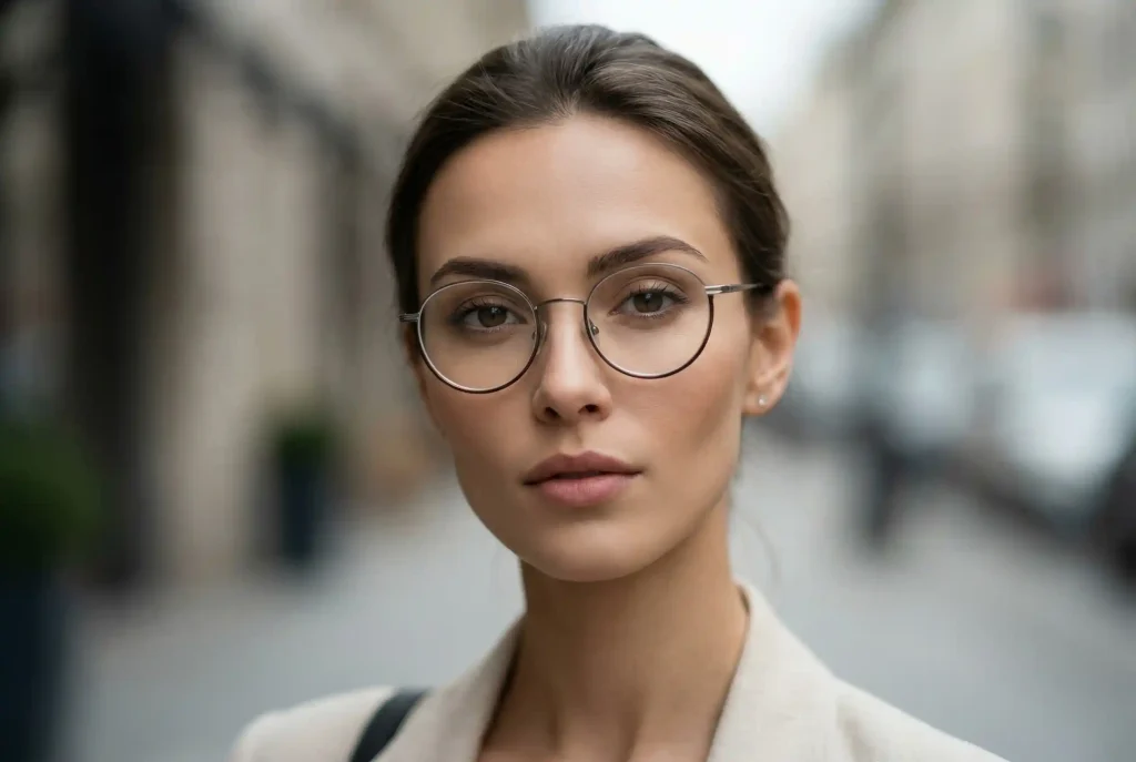 Jak dobrać okulary do twarzy w kształcie serca? Najlepsze okulary do twarzy trójkątnej (korekcyjne i przeciwsłoneczne) Kobieta o twarzy w kształcie serca nosząca zaokrąglone okulary z cieńszą górą i szerszym dołem, ilustrujące zasady doboru oprawek.