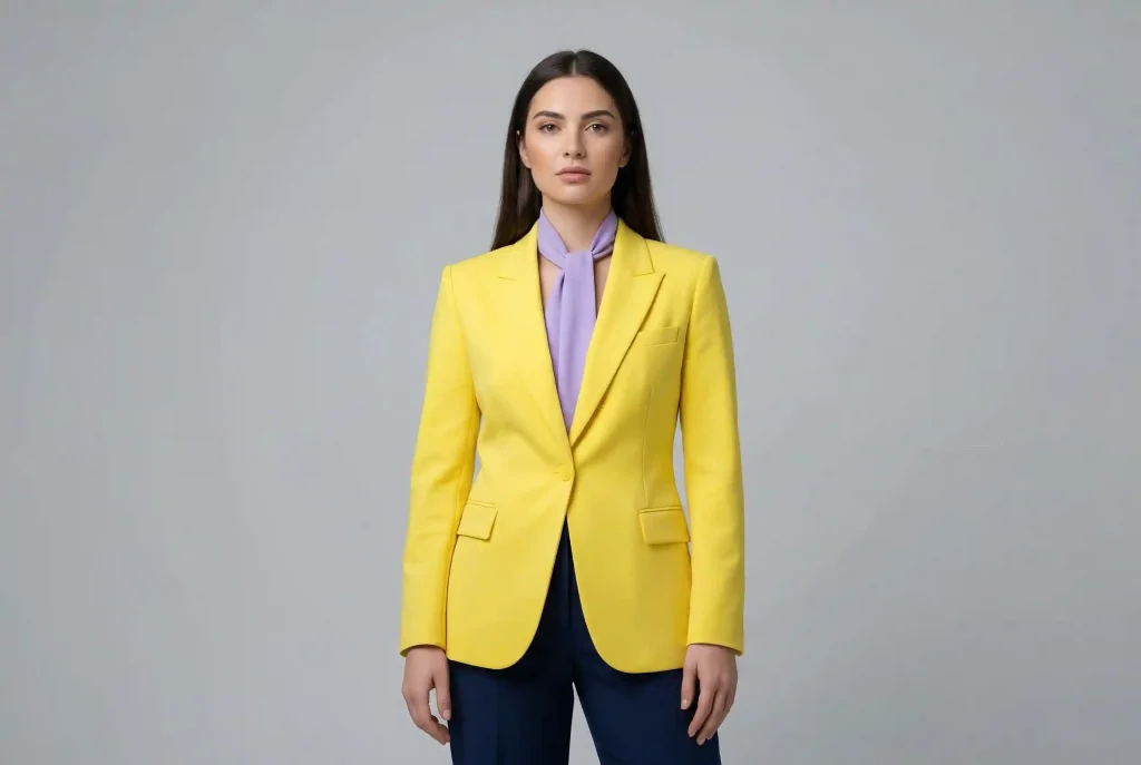 Jaki kolor pasuje do cytrynowego? Jak nosić i z czym go łączyć w modzie: energetyczny kolor cytrynowy z innymi kolorami – idealna stylizacja i odcień Stylizacja modowa z dominantą koloru cytrynowego, połączonego z granatem i lawendą, ilustrująca jak łączyć cytrynowy z innymi barwami.