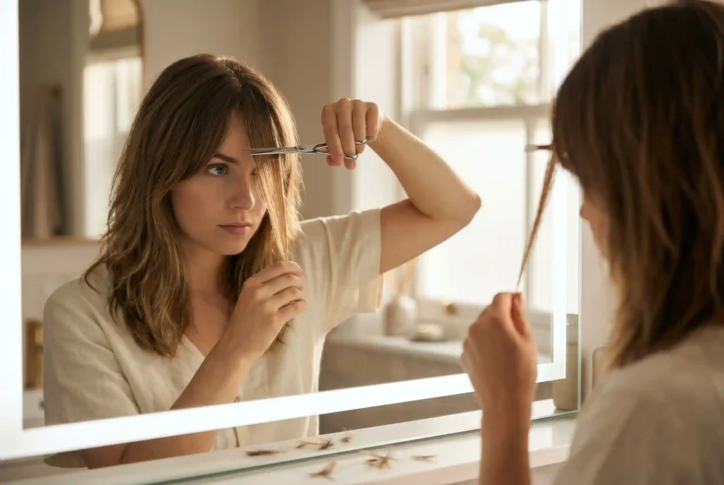 Grzywka curtain bangs – komu pasuje, jak ciąć i układać ten kształt, by optycznie modelować rysy twarzy? Zbliżenie na kobietę w domowej łazience, która ze skupieniem na twarzy, patrząc w lustro, używa specjalnych nożyczek fryzjerskich skierowanych pionowo w dół, aby samodzielnie stworzyć lekką i cieniowaną grzywkę curtain bangs z wydzielonej trójkątnej sekcji włosów.