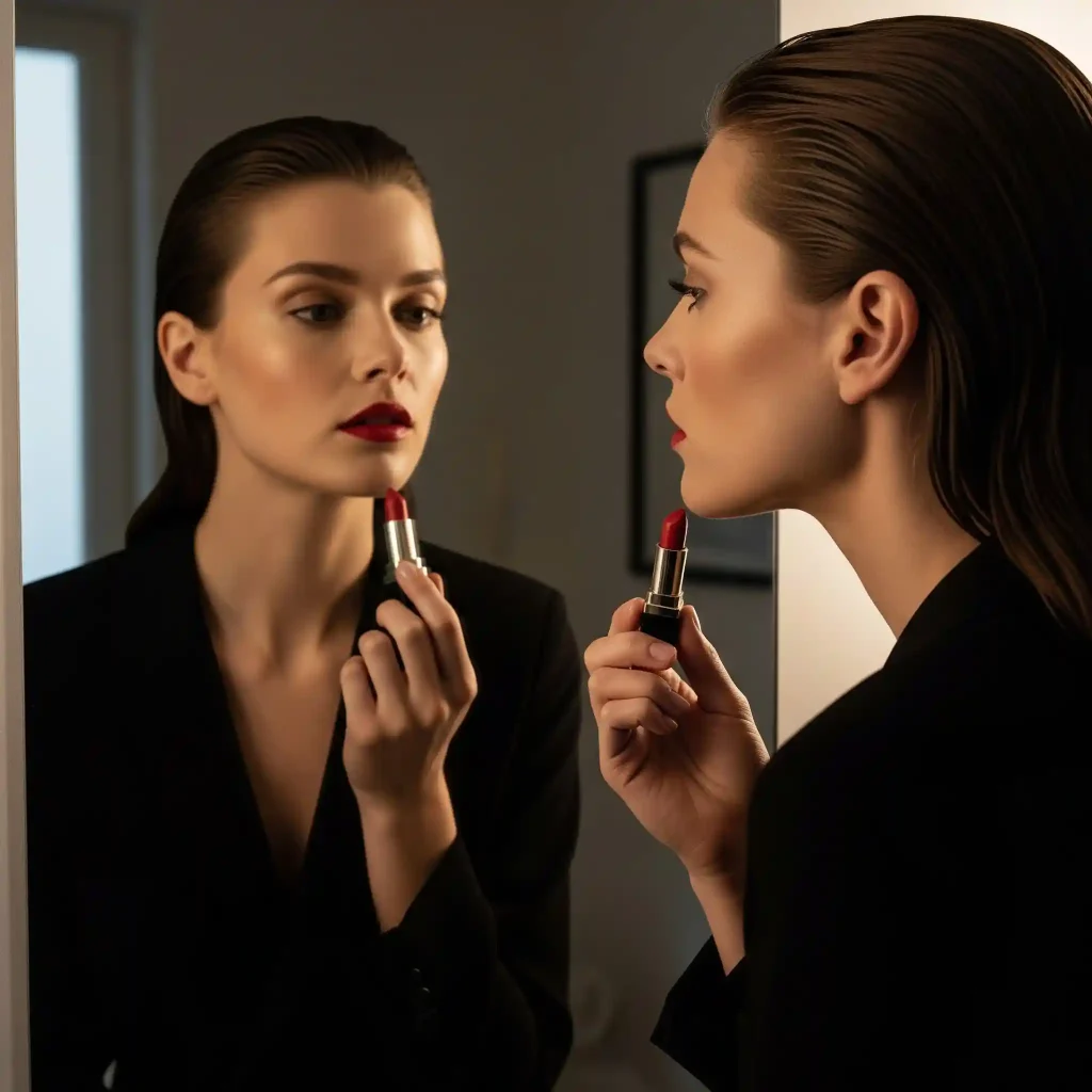 Dobór okularów do kształtu twarzy: Jak dobrać okulary oversize i idealne oprawki do twojej twarzy? Elegancka kobieta z gładko zaczesanymi włosami stoi przed lustrem z czerwoną szminką w dłoni, co obrazuje prosty domowy sposób na to, jak szybko określić kształt twarzy.