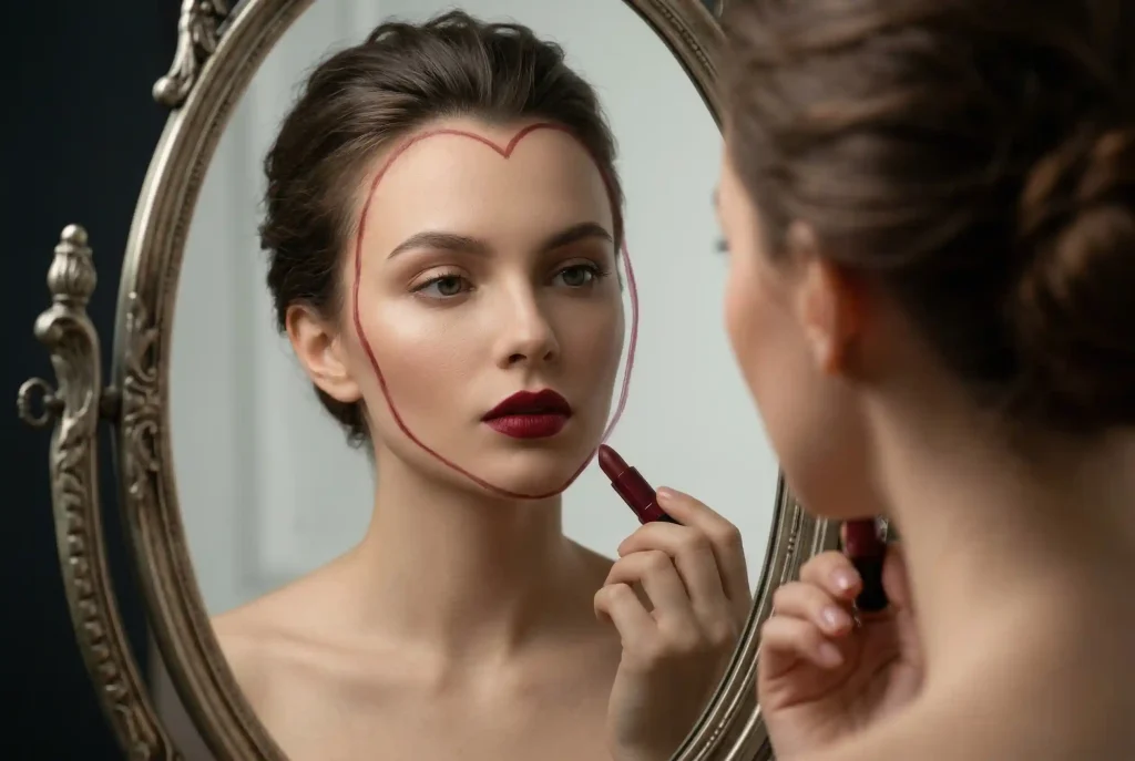 Jak dobrać okulary do twarzy w kształcie serca? Najlepsze okulary do twarzy trójkątnej (korekcyjne i przeciwsłoneczne) Kobieta o twarzy w kształcie serca z widocznym wdowim szpicem i wąskim podbródkiem patrzy w lustro, na którym szminką obrysowano kontur ilustrujący geometrię jej twarzy.