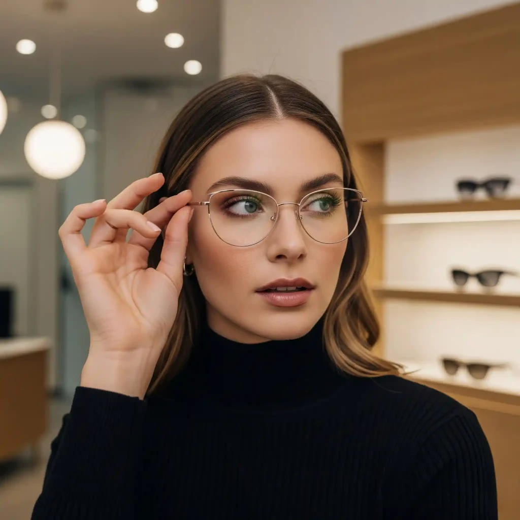 Okulary kocie oczy – komu pasują, dla kogo są i do jakiej twarzy pasują oprawki w okularach cat eye? Portret kobiety w nowoczesnym salonie optycznym, która starannie przymierza lekkie, metalowe okulary kocie oczy, upewniając się, że oprawki nie uciskają skroni i zapewniają pełen komfort.