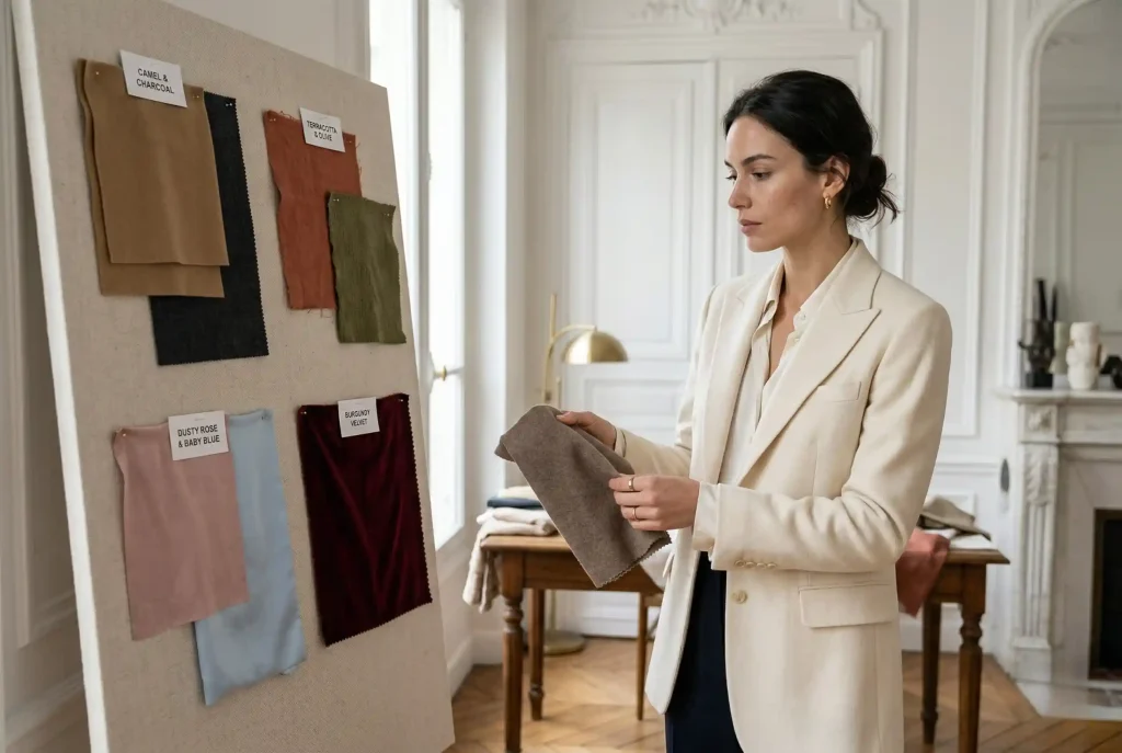 Jaki kolor pasuje do kremowego? Elegancja, stylizacja ubrań, dodatki – z czym łączyć ten kolor Elegancka modelka w kremowym blazerze z kaszmiru prezentuje na tablicy inspiracji cztery palety kolorów pasujących do kremowego, w tym odcienie ziemi i neutralną elegancję.