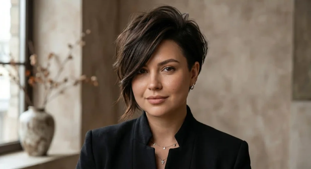 Jaka fryzura do okrągłej twarzy najlepiej wyszczupla rysy i ułatwia cięcie? Wysokiej jakości portret modowy ukazujący kobietę o okrągłej twarzy, która ma na sobie zadziorne, asymetryczne pixie cut z długą grzywką, idealnie demonstrując, jak krótka fryzura optycznie wysmukla rysy.