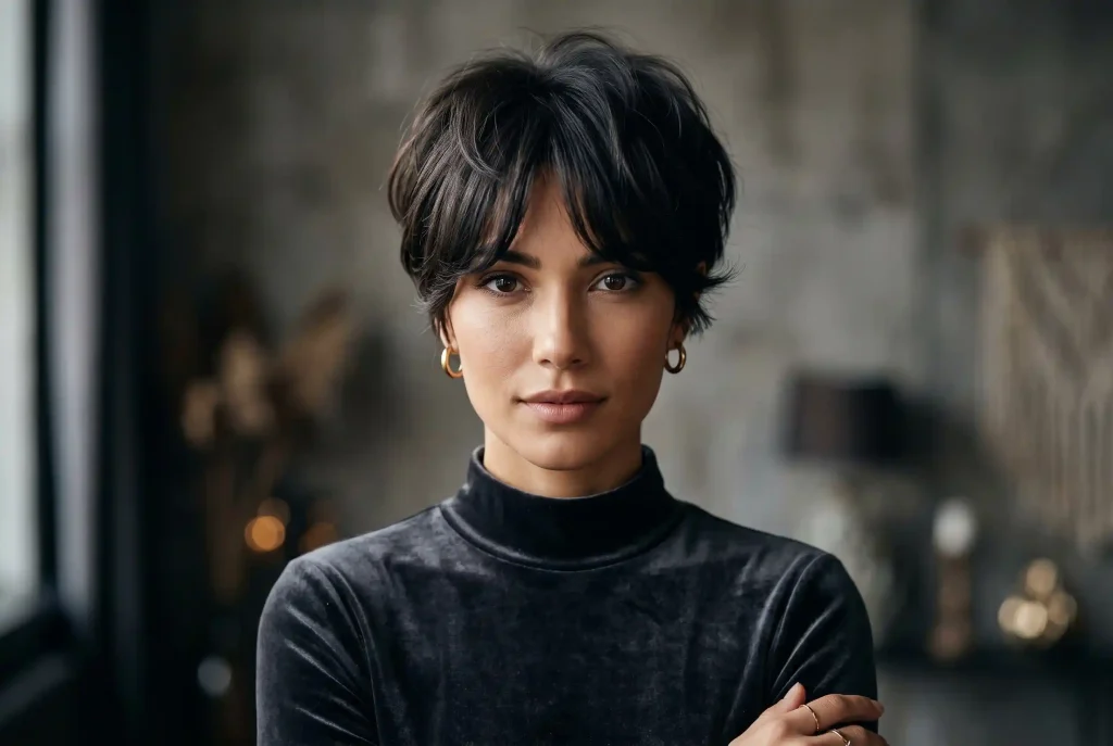 Idealna fryzura do pociągłej twarzy: Jak modne fryzury dla pociągłej twarzy optycznie skracają podłużny kształt i wyrównują proporcje Portret modowej modelki o pociągłej twarzy w krótkiej, wycieniowanej fryzurze pixie cut z gęstą grzywką, która skutecznie skraca wysokie czoło i optycznie harmonizuje proporcje głowy.