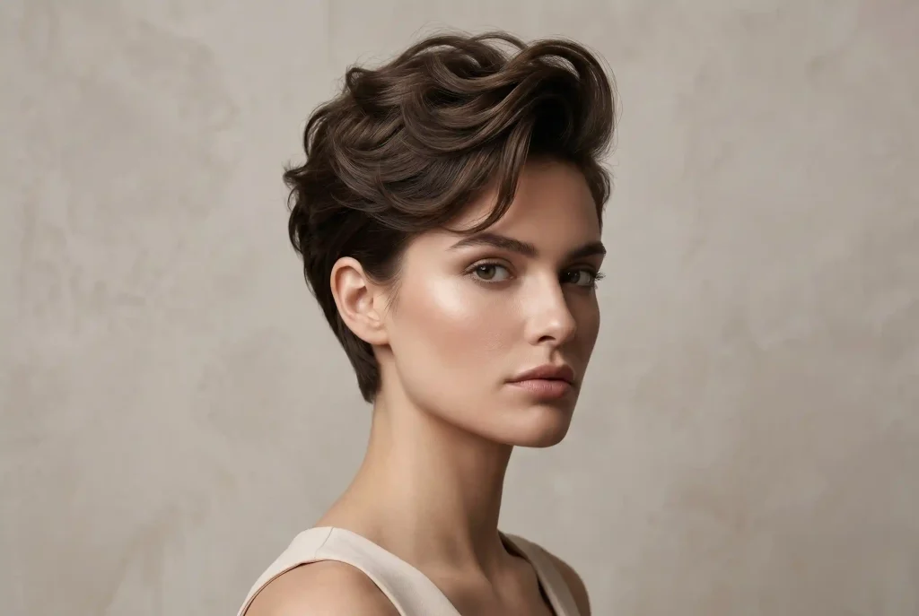 Idealna fryzura: Jak dobrać fryzurę do kształtu twarzy, gdy interesuje cię twarz w kształcie serca? Zblizenie na modelkę o twarzy trójkątnej (gruszki) z krótką, nowoczesną fryzurą, która dodaje dużej objętości nad czołem, skutecznie równoważąc proporcje twarzy.