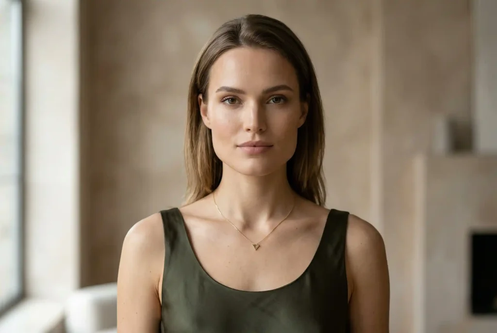 Jakie damskie okulary do twarzy kwadratowej wybrać? Podkreśl każdy atut w idealnych oprawkach! Profesjonalny portret kobiety doskonale ilustrujący kwadratowy kształt twarzy, z widoczną szeroką żuchwą, kanciastym podbródkiem i symetrycznymi proporcjami.